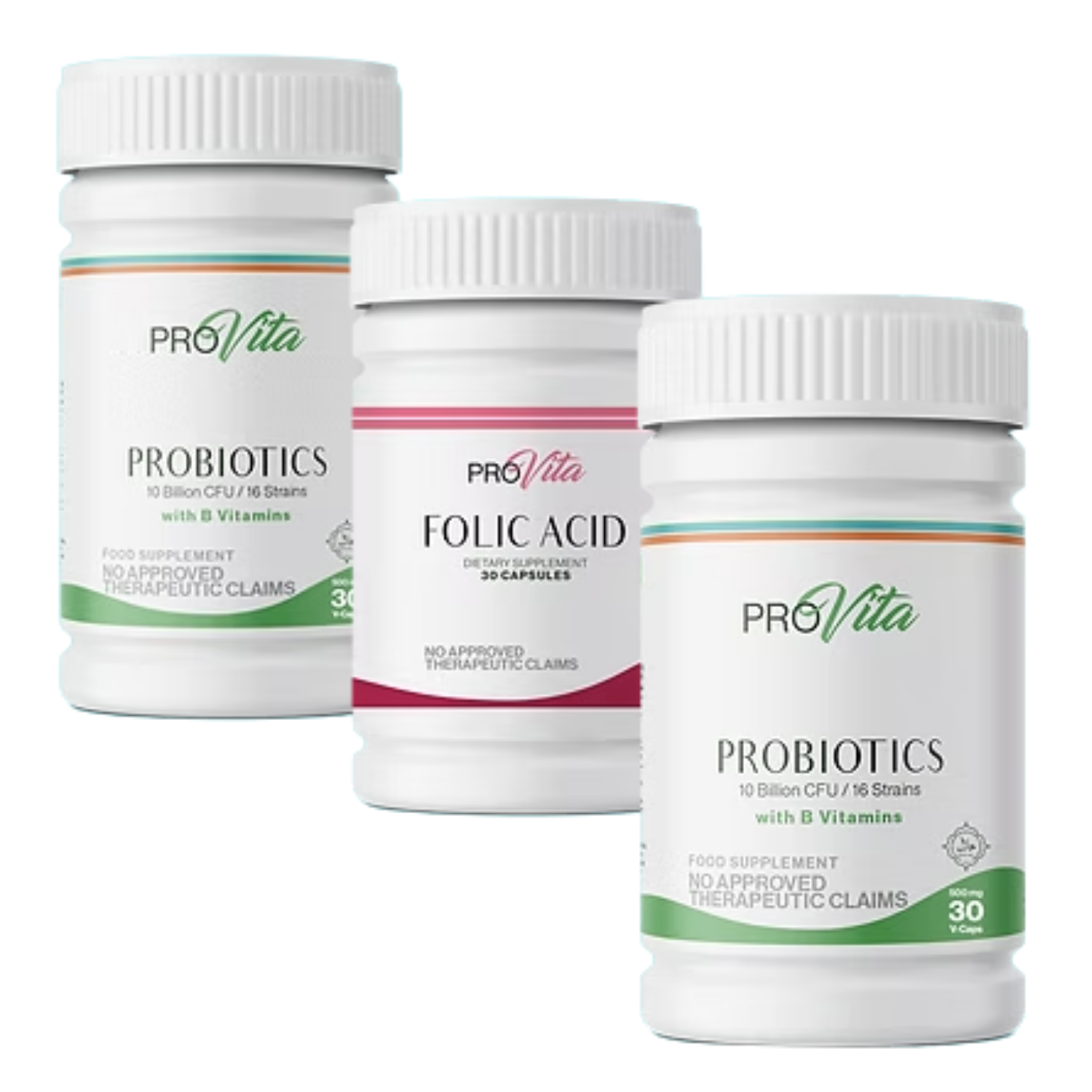 Provita Probiotics and Folic Acid product bottles